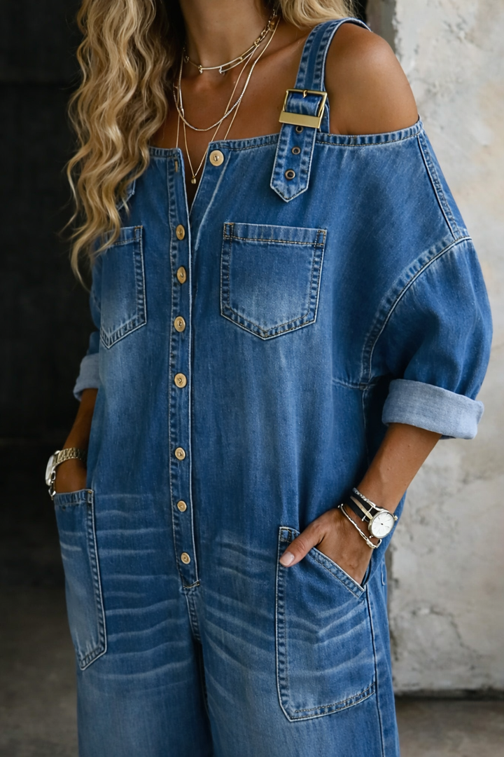 Sophia | Off-Shoulder Denim Jumpsuit for Effortless Style