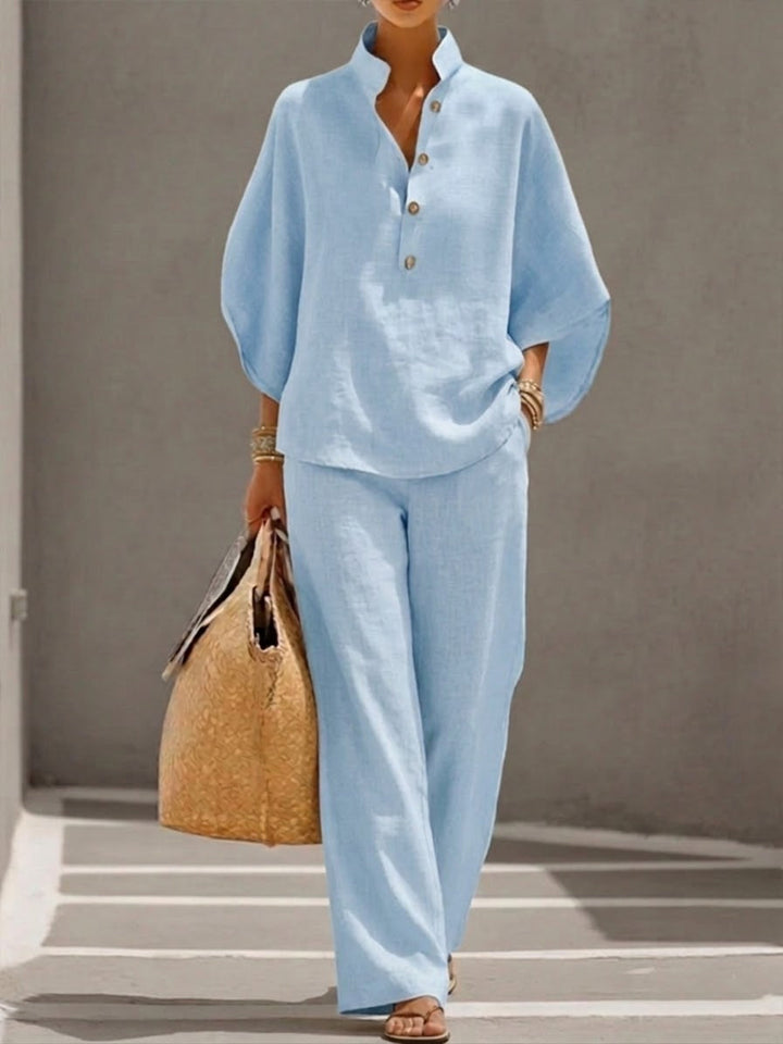 Mariel | Linen Set with Batwing Sleeves and Wide-Leg Pants